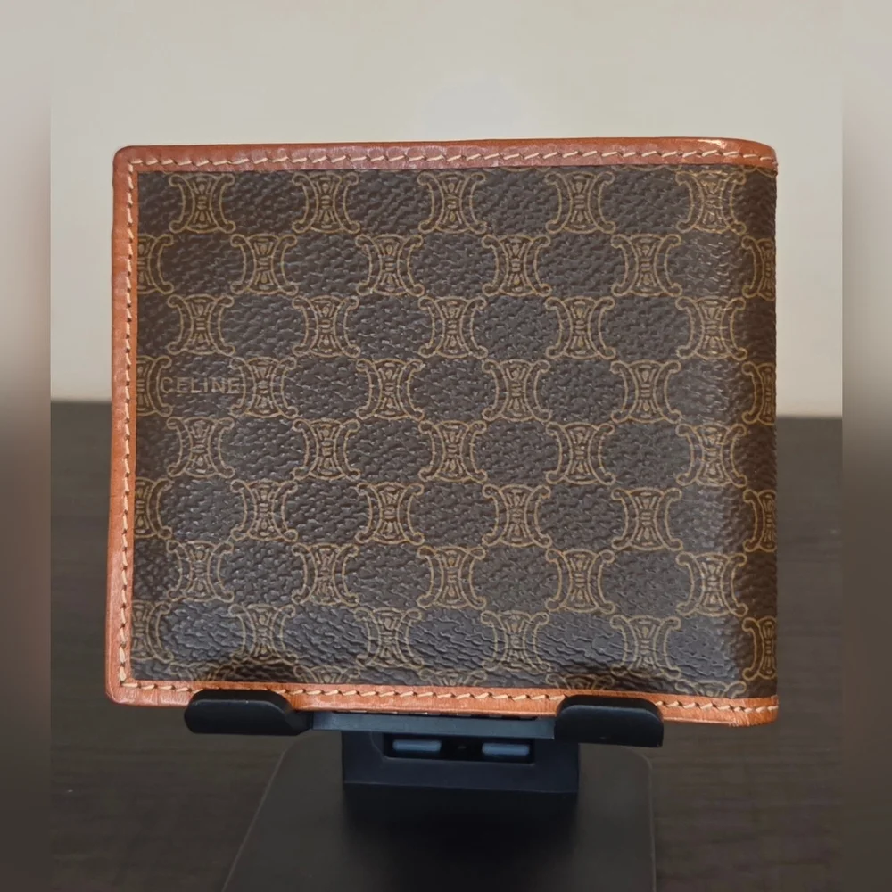Vintage Celine Macadam Triomphe Canvas Bi Fold Wallet Brown Tan w/ Entrupy COA